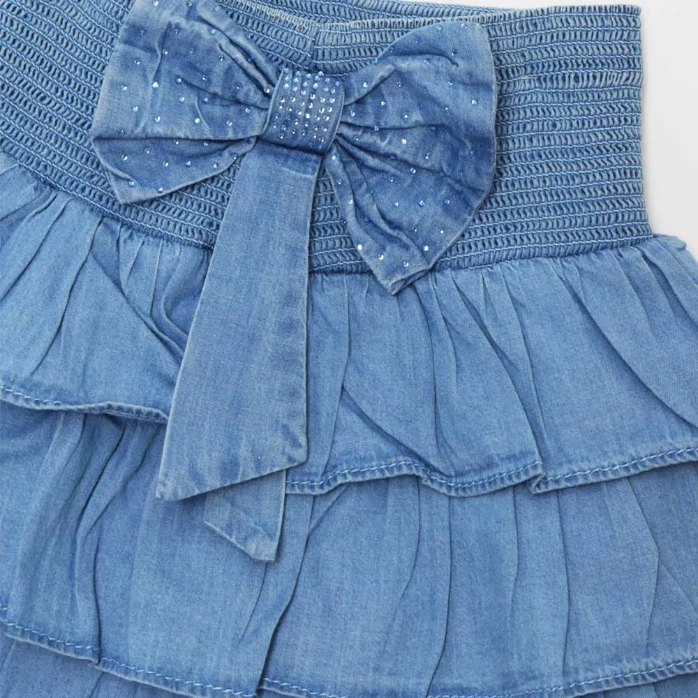 Blue Bow Embellished Layered Denim Skirt