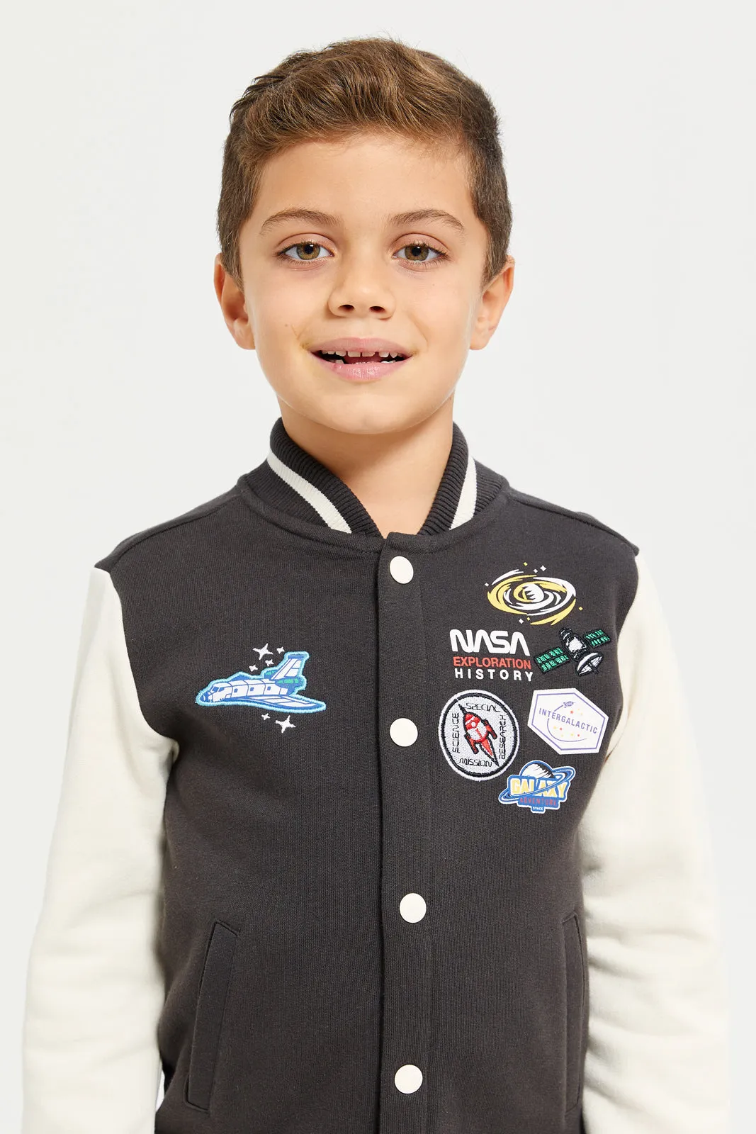 Boys Black And White Nasa Bomber Sweatshirt