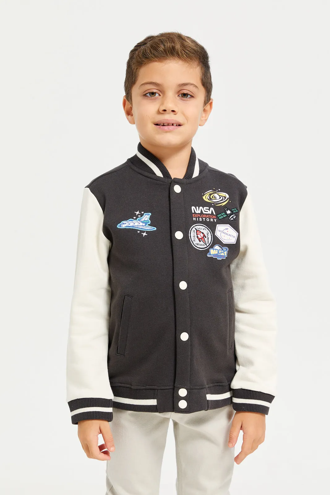 Boys Black And White Nasa Bomber Sweatshirt