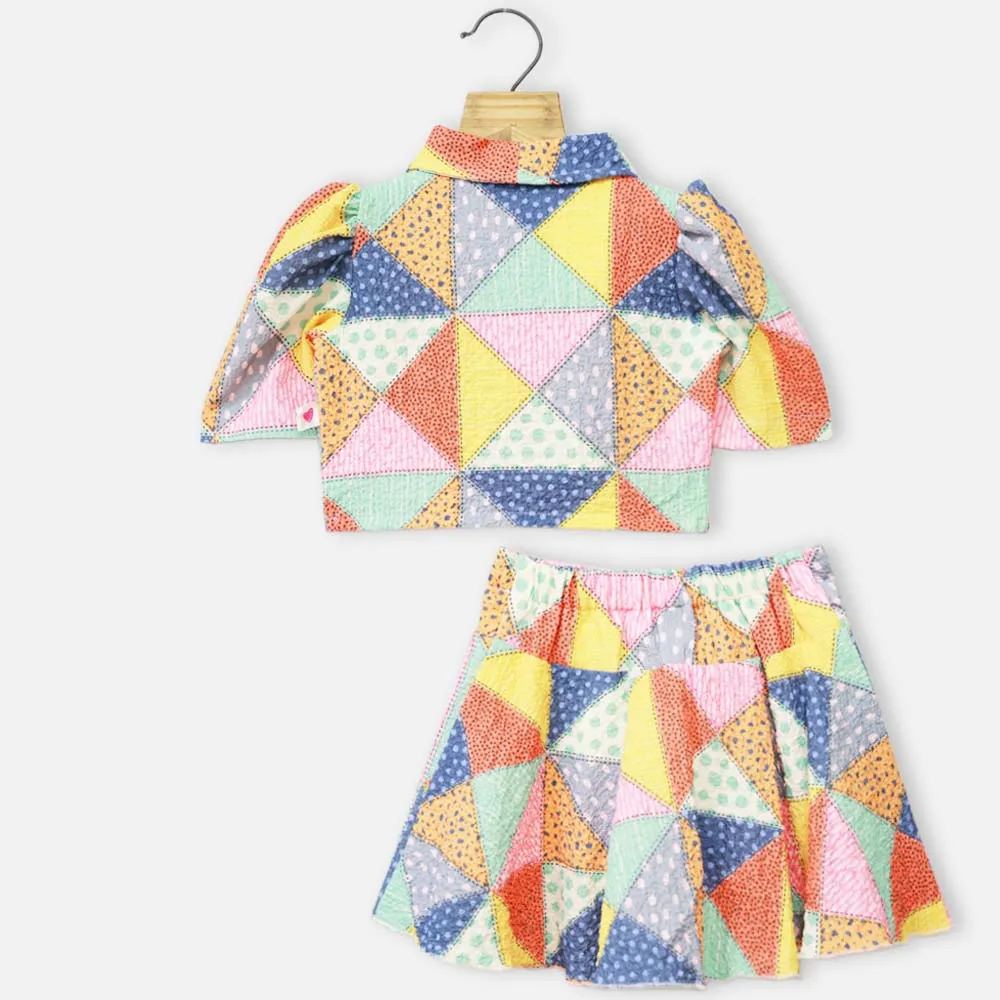 Colorful Geometric Printed Blazer With Skirt Co-Ord Set