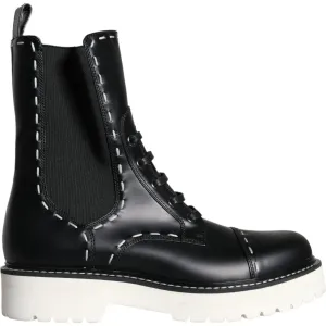 Dolce & Gabbana Black Leather Combat Mid Calf Boots Shoes