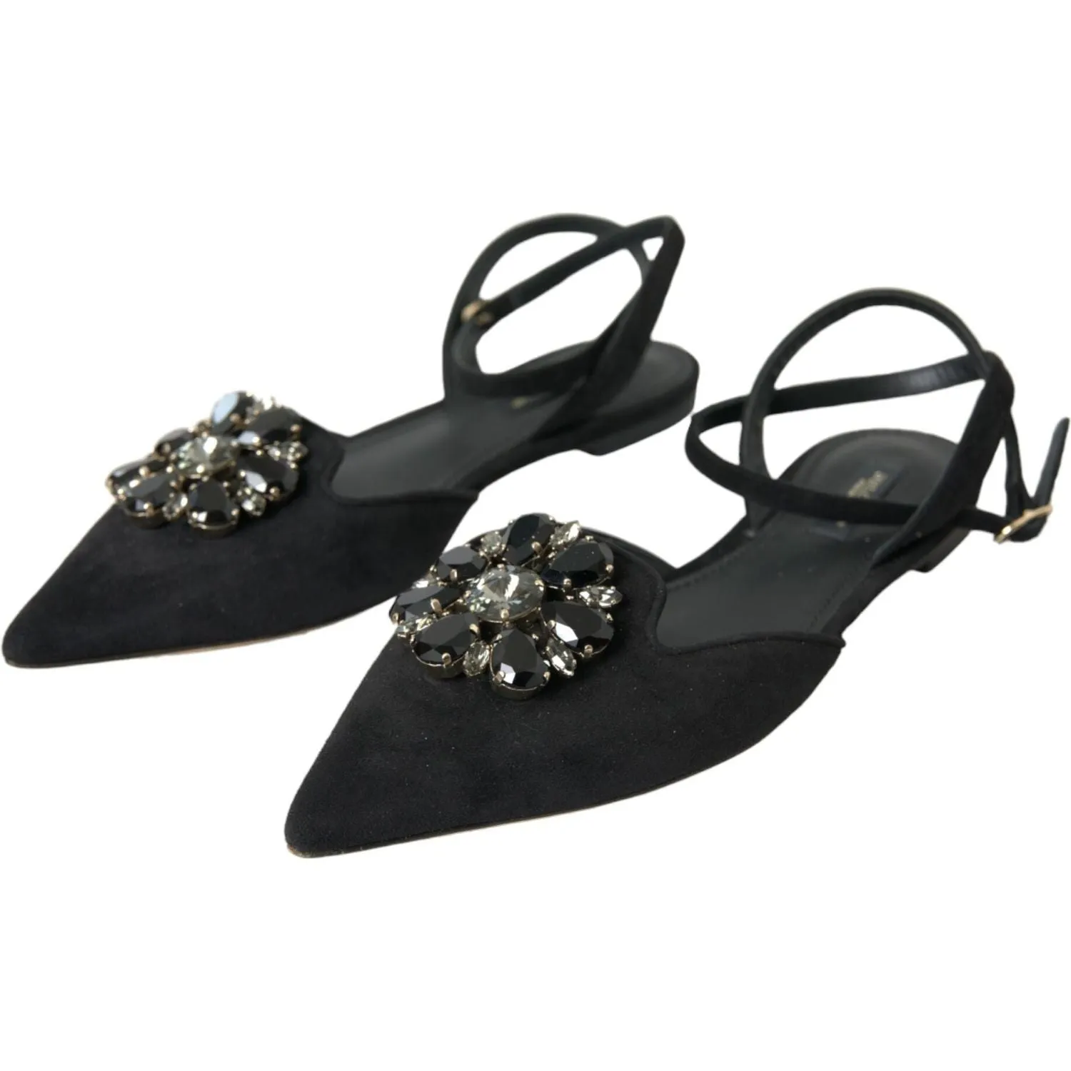 Dolce & Gabbana Black Leather Crystal Slingback Sandals Shoes