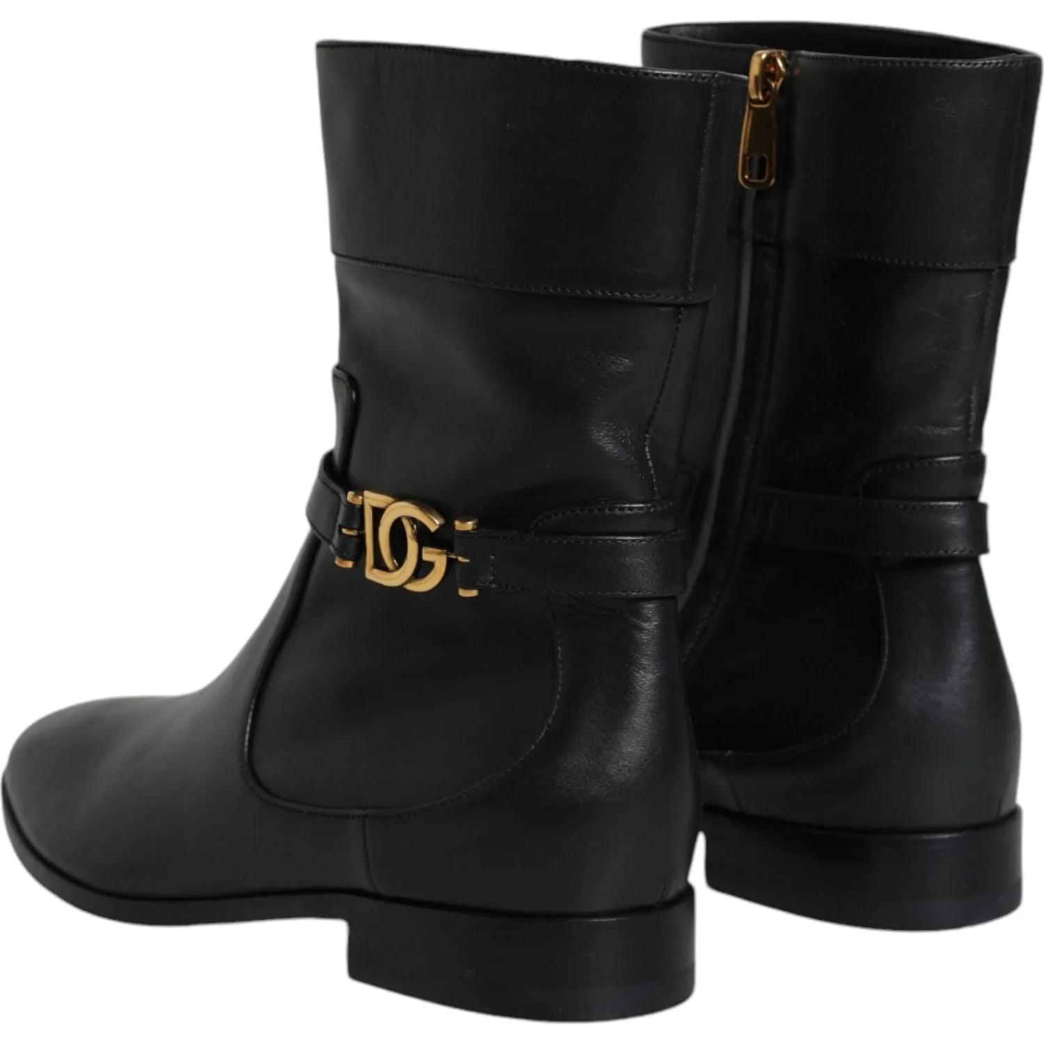 Dolce & Gabbana Black Leather Logo Mid Calf Boots Shoes