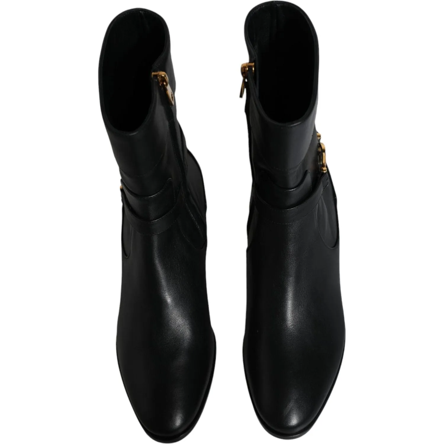 Dolce & Gabbana Black Leather Logo Mid Calf Boots Shoes