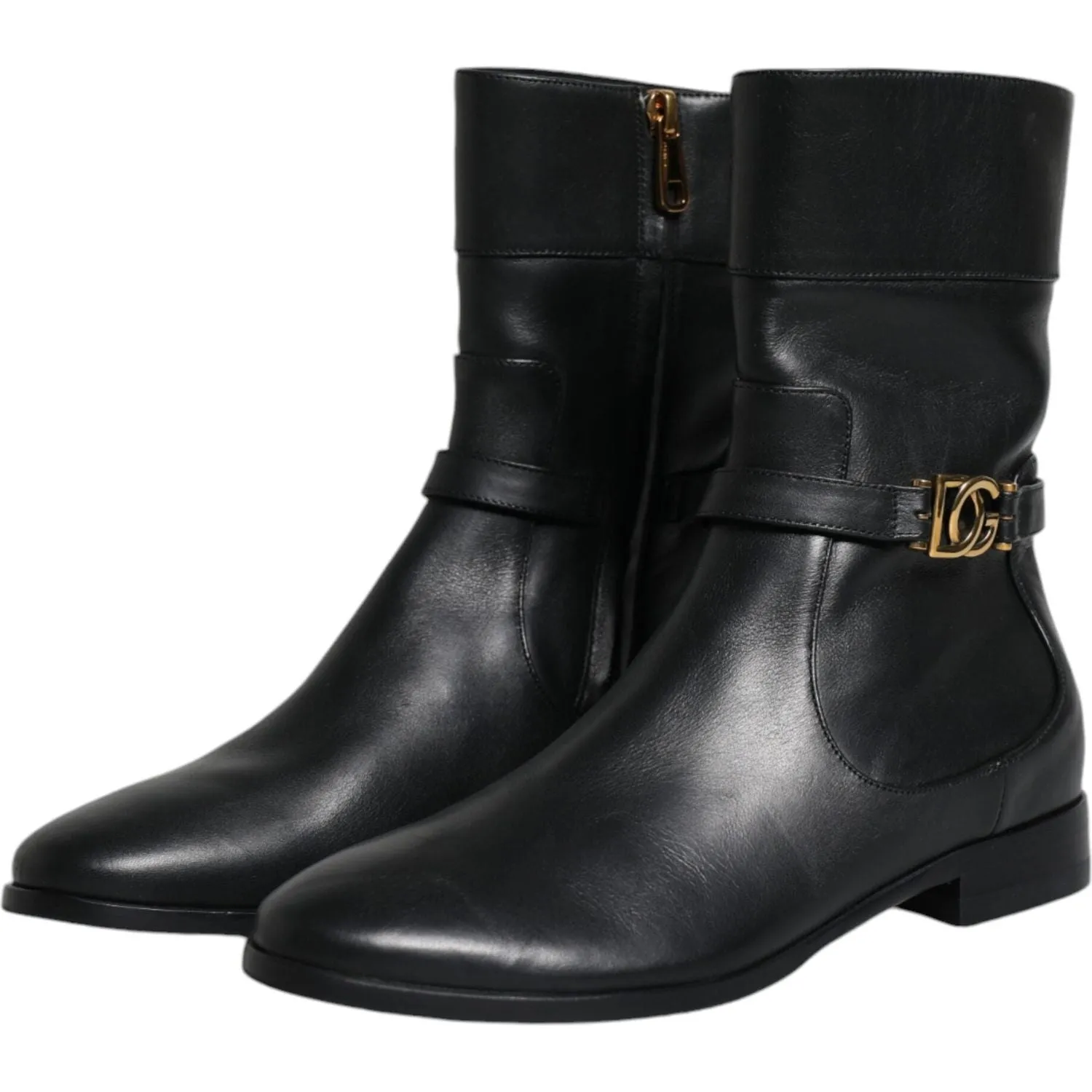 Dolce & Gabbana Black Leather Logo Mid Calf Boots Shoes