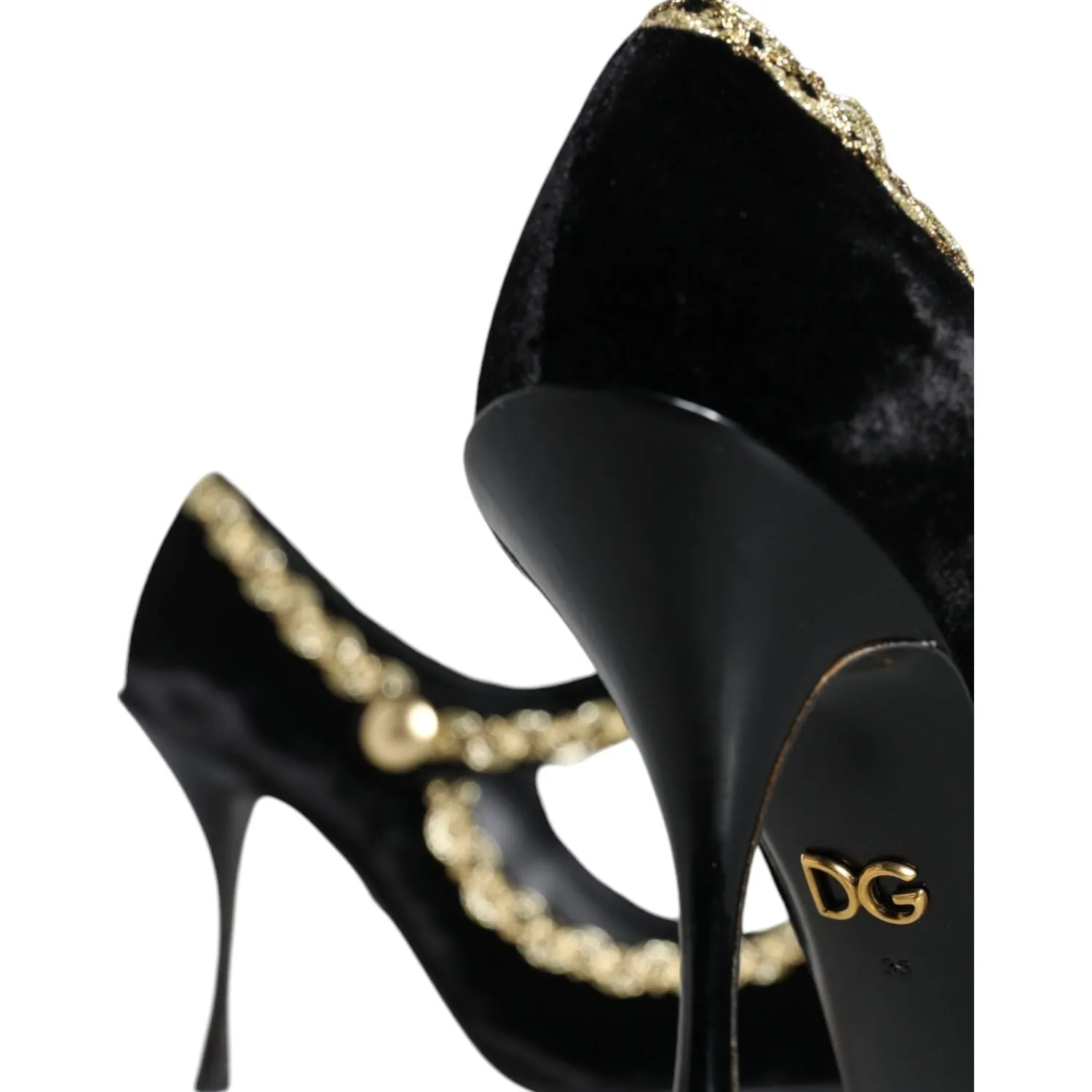 Dolce & Gabbana Black Mary Janes Velvet Gold Pumps Shoes