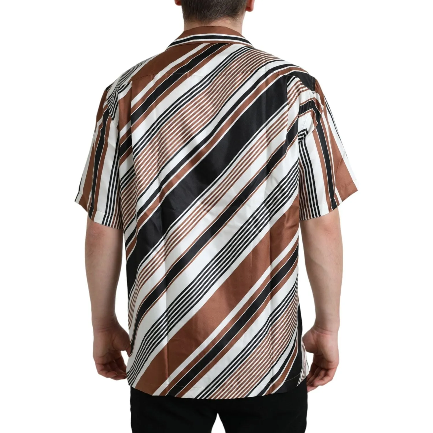 Dolce & Gabbana Brown White Silk Striped Short Sleeve Shirt