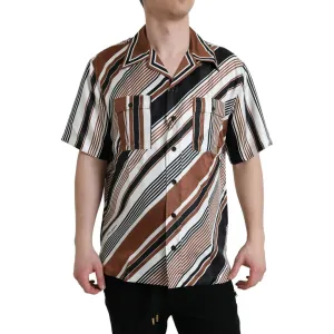 Dolce & Gabbana Brown White Silk Striped Short Sleeve Shirt