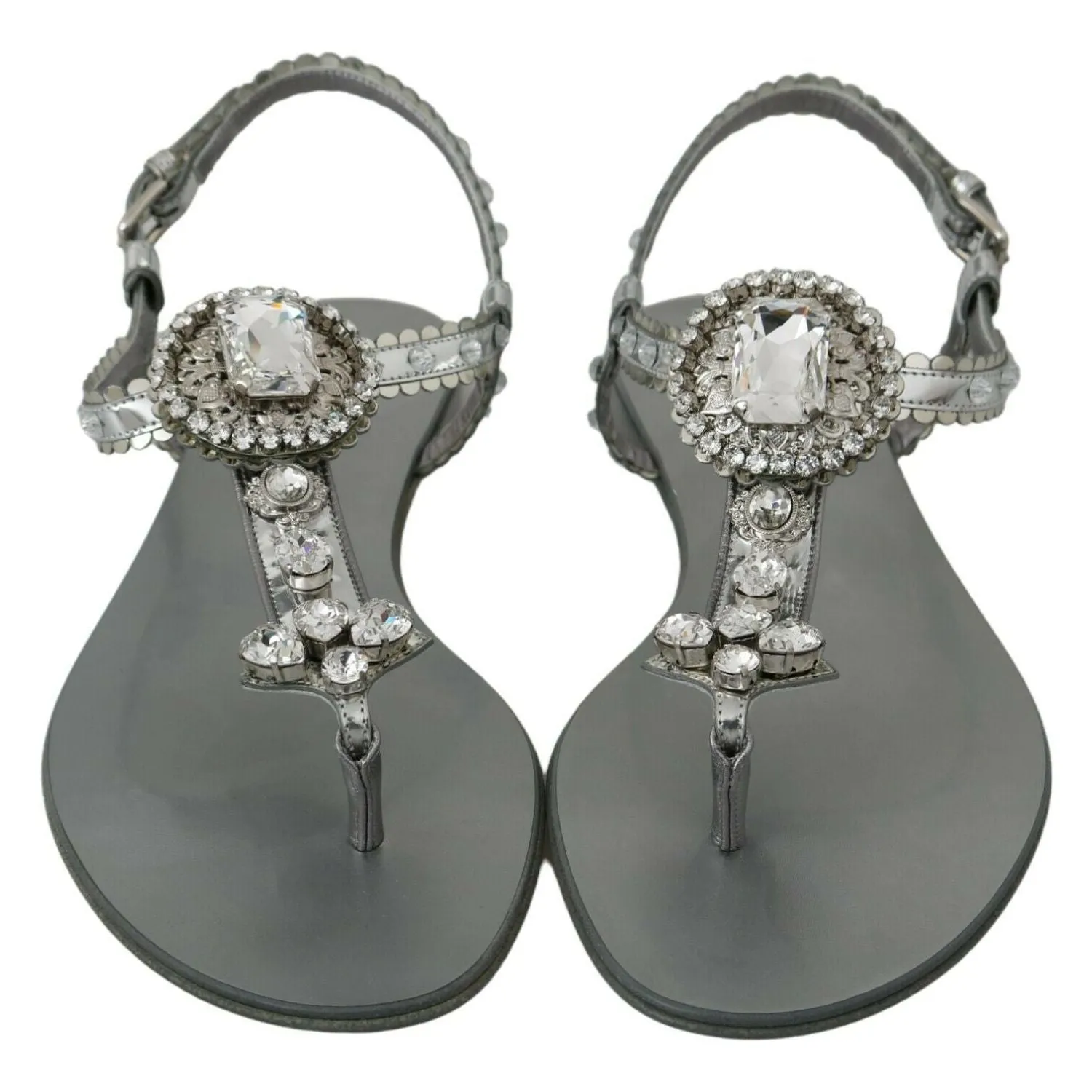 Dolce & Gabbana Elegant Silver Flats with Crystal Embellishments