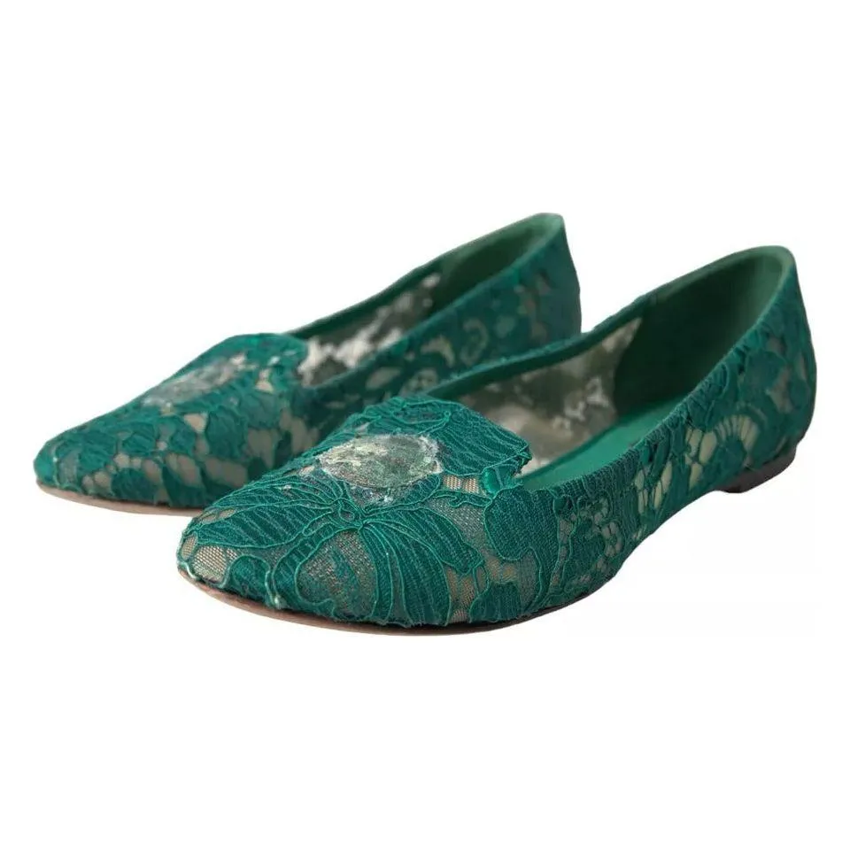 Dolce & Gabbana Green Taormina Lace Slip On Flats Shoes