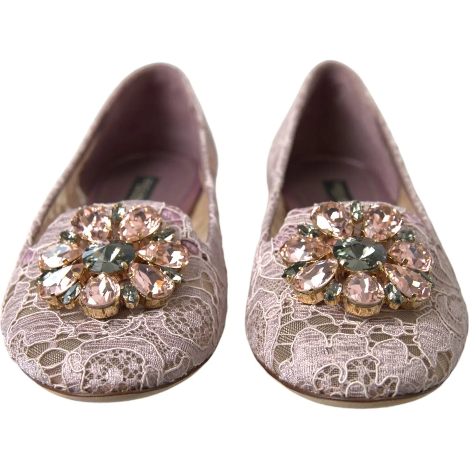 Dolce & Gabbana Pink Lace Crystal Ballet Flats Loafers Shoes