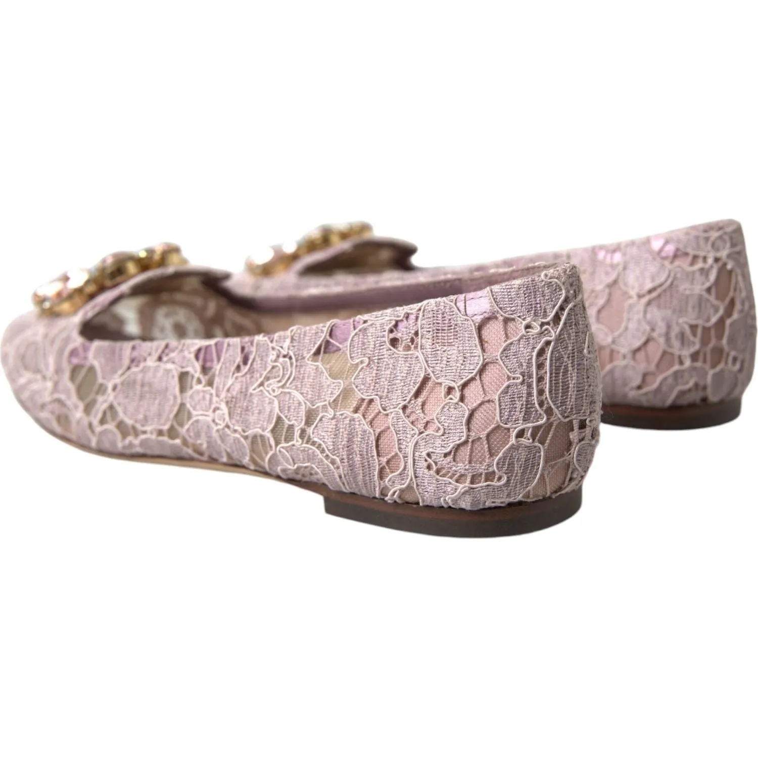 Dolce & Gabbana Pink Lace Crystal Ballet Flats Loafers Shoes