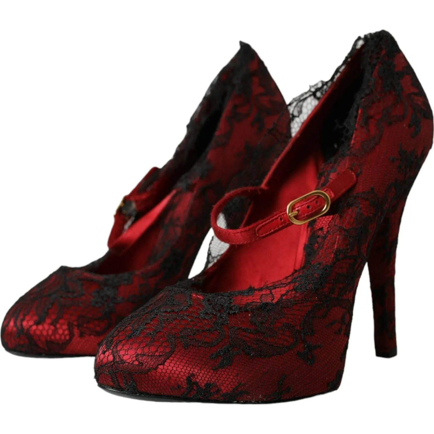 Dolce & Gabbana Red Black Floral Lace Mary Jane Pumps Shoes