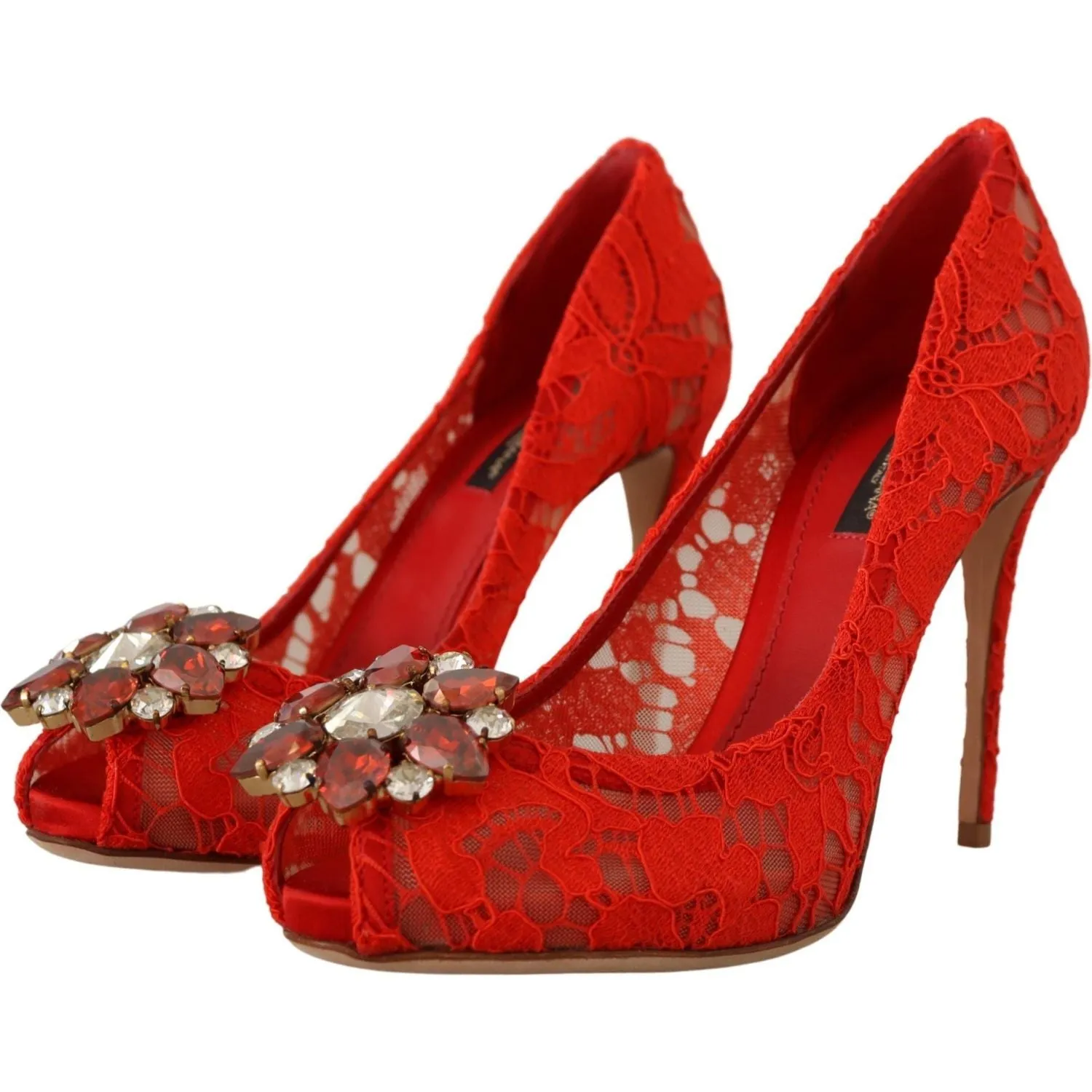 Dolce & Gabbana Red Crystal Taormina Lace Heels Pumps