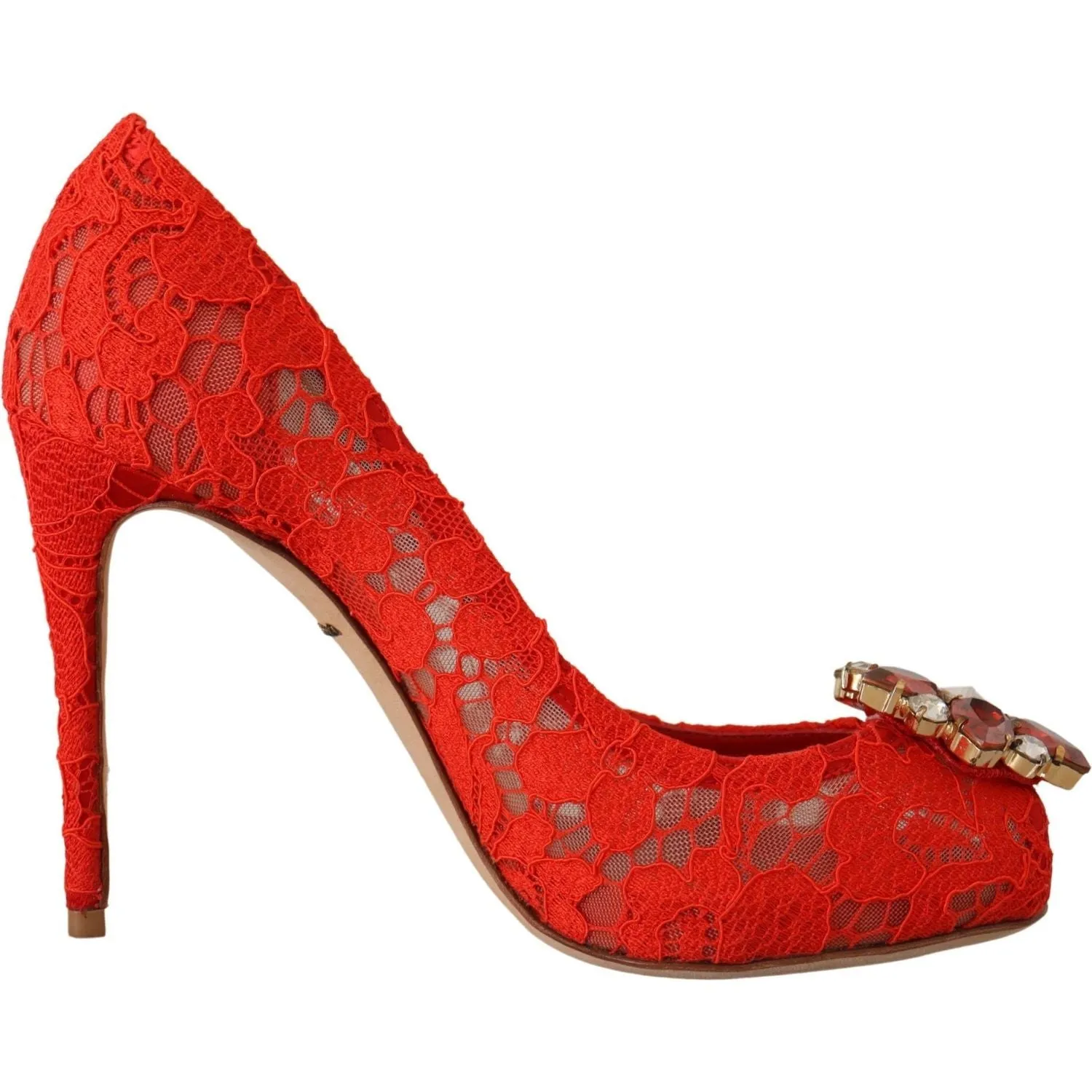 Dolce & Gabbana Red Crystal Taormina Lace Heels Pumps