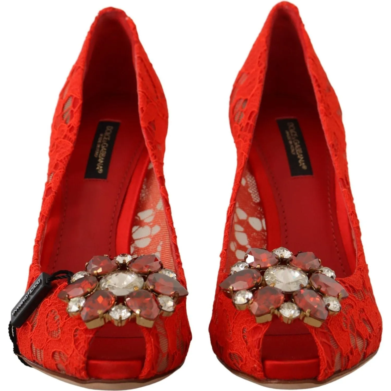 Dolce & Gabbana Red Crystal Taormina Lace Heels Pumps