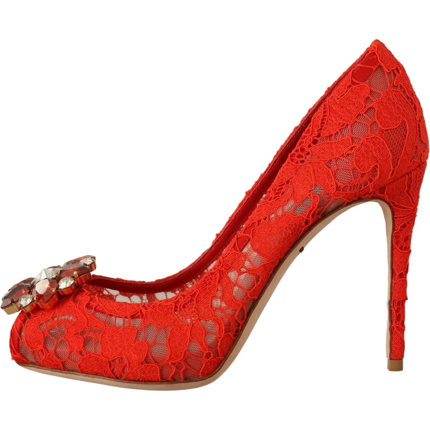 Dolce & Gabbana Red Crystal Taormina Lace Heels Pumps