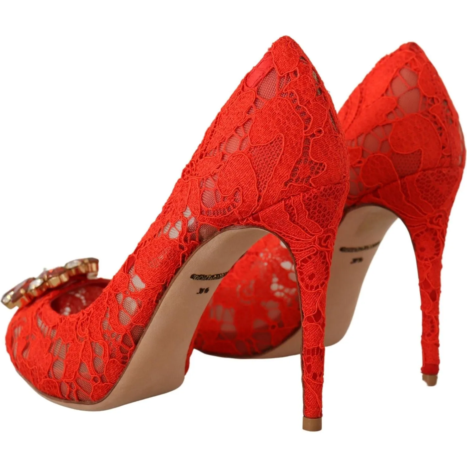 Dolce & Gabbana Red Crystal Taormina Lace Heels Pumps