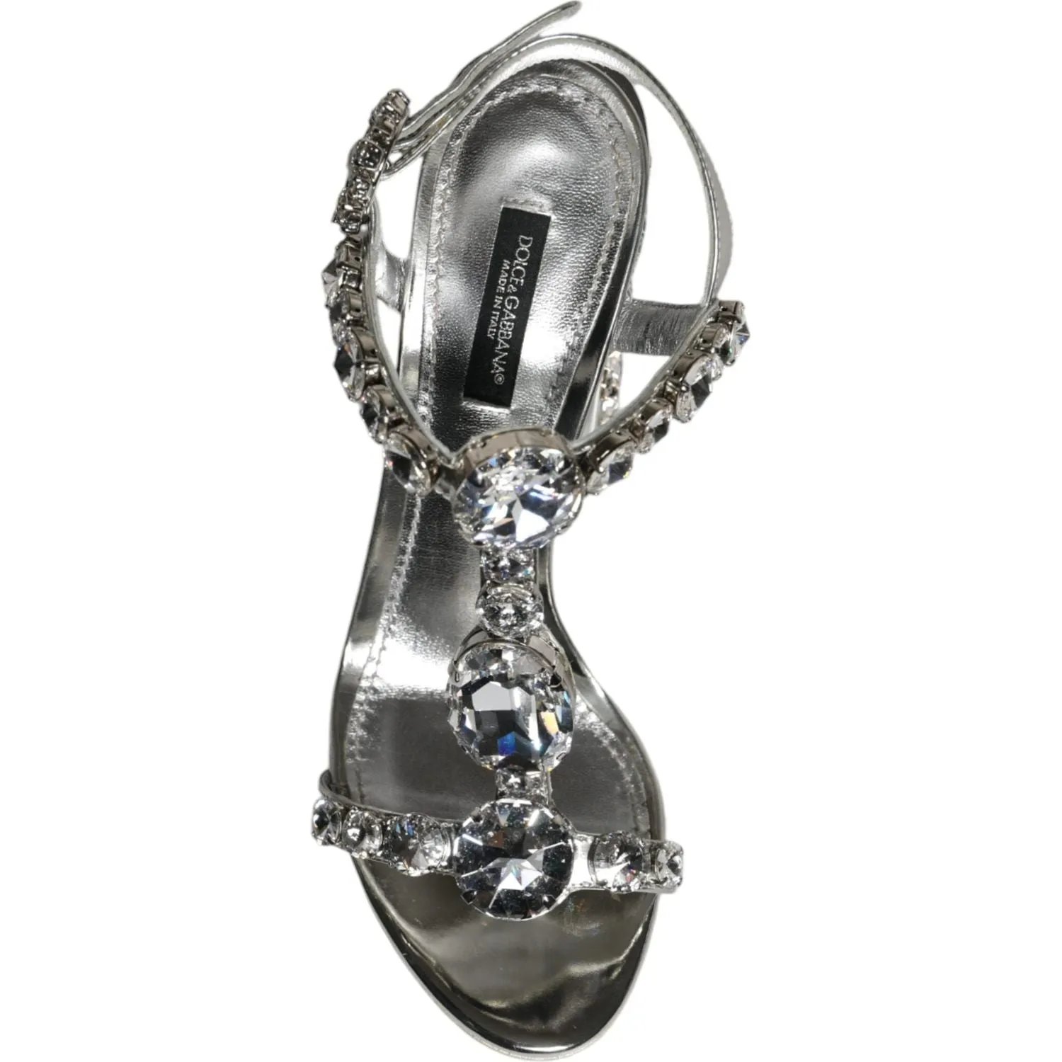 Dolce & Gabbana Silver Leather T-strap Crystal Sandals Shoes