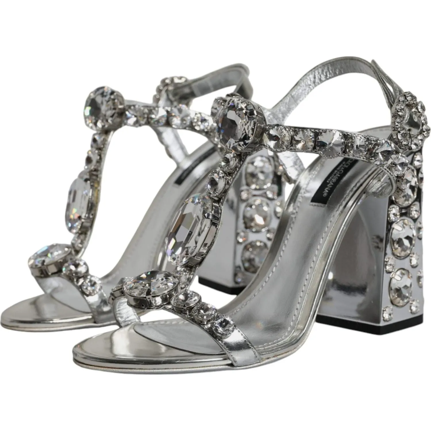 Dolce & Gabbana Silver Leather T-strap Crystal Sandals Shoes