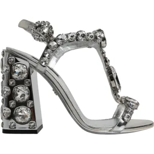 Dolce & Gabbana Silver Leather T-strap Crystal Sandals Shoes