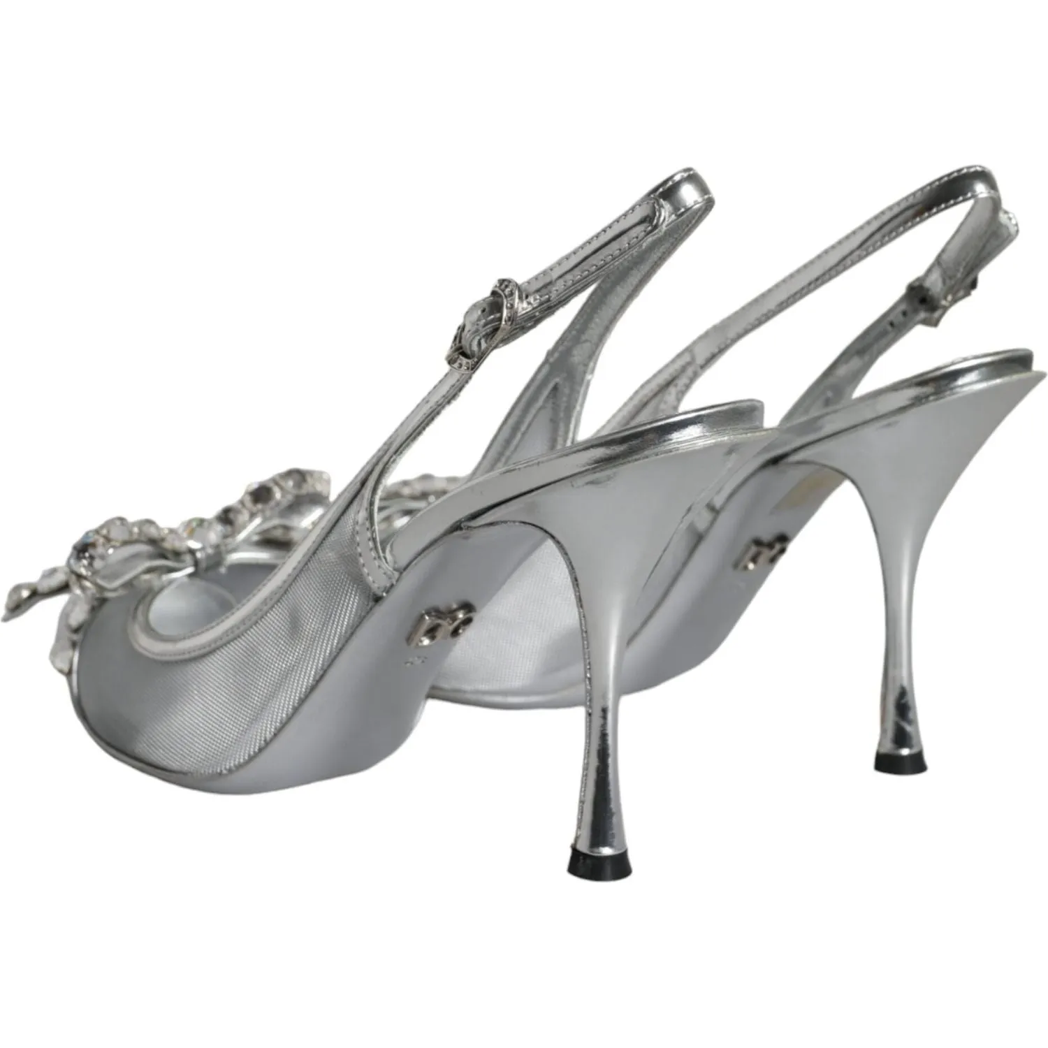 Dolce & Gabbana Silver Mesh Crystal Embellished Slingback Shoes