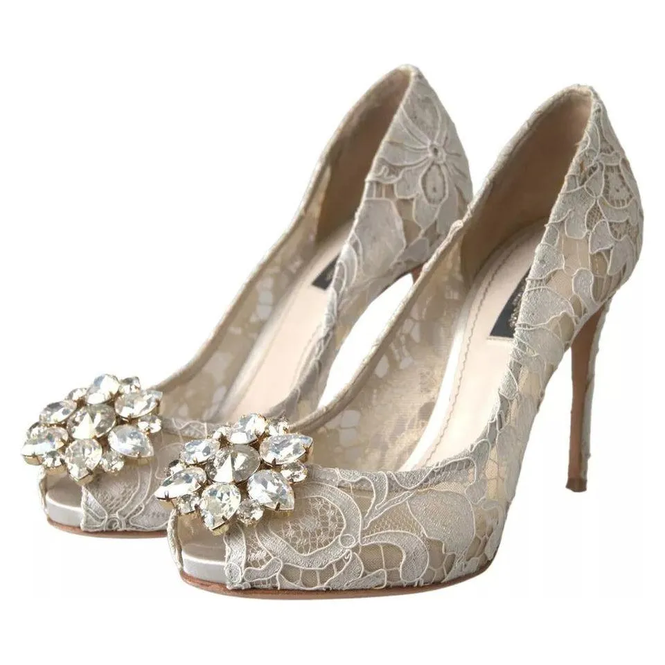 Dolce & Gabbana White Taormina Lace Crystal Heels Pumps Shoes