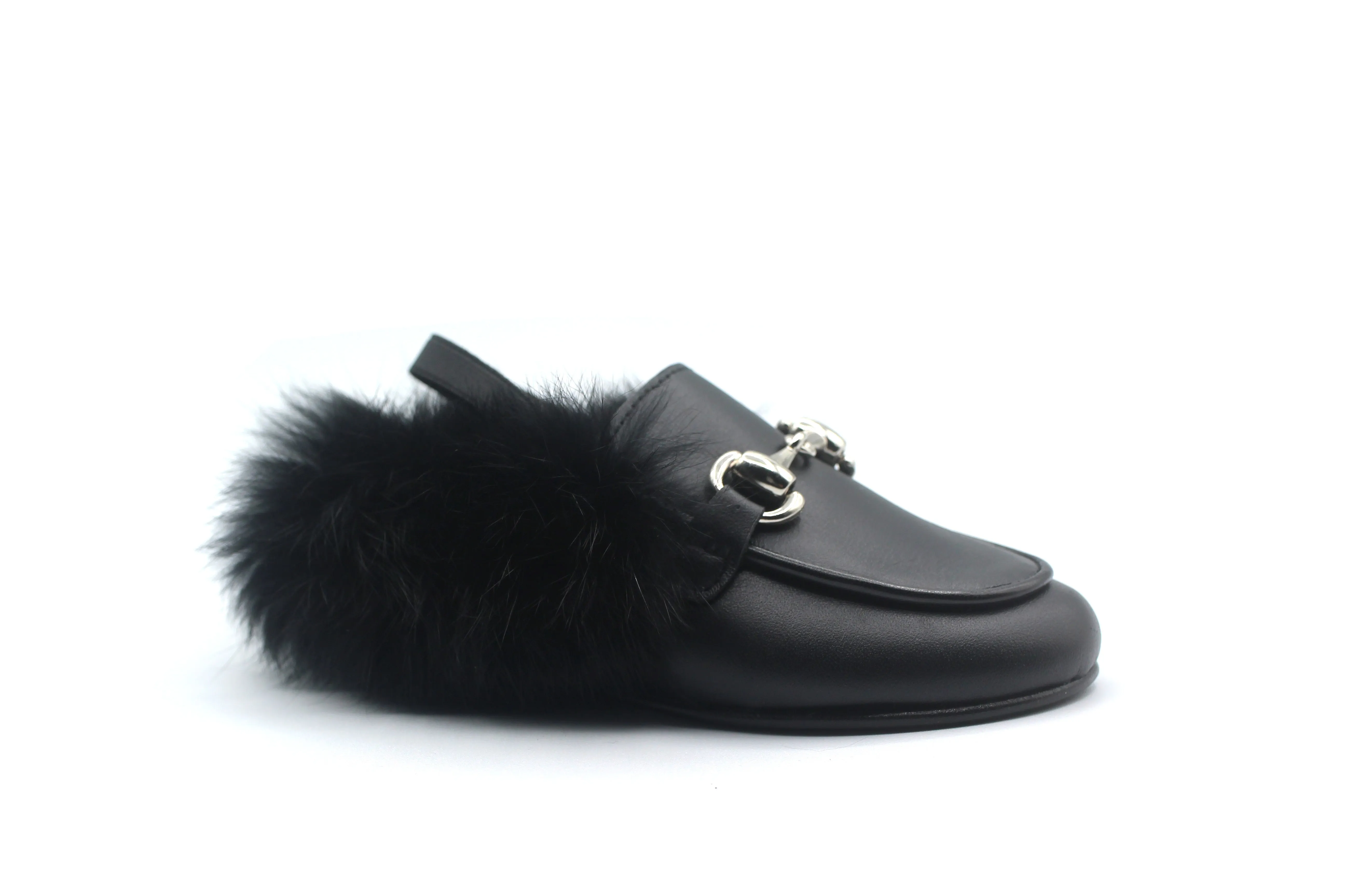 Don Louis Black Leather Fur Sling Back