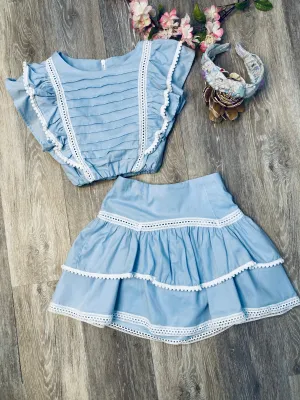 IFS Blue Pom Pom Crop Top & Skirt Set