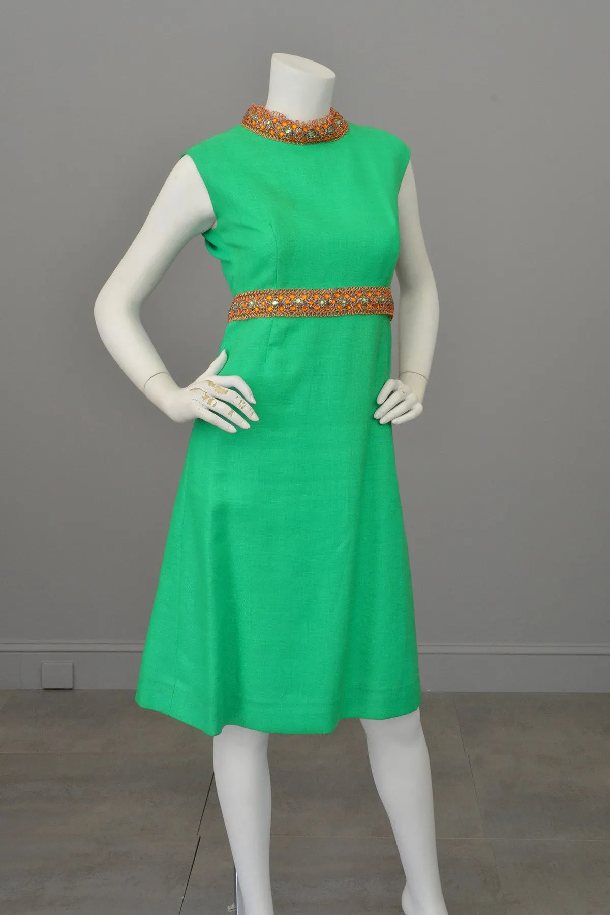 Kelly Green and Copper 70s vintage midi dress