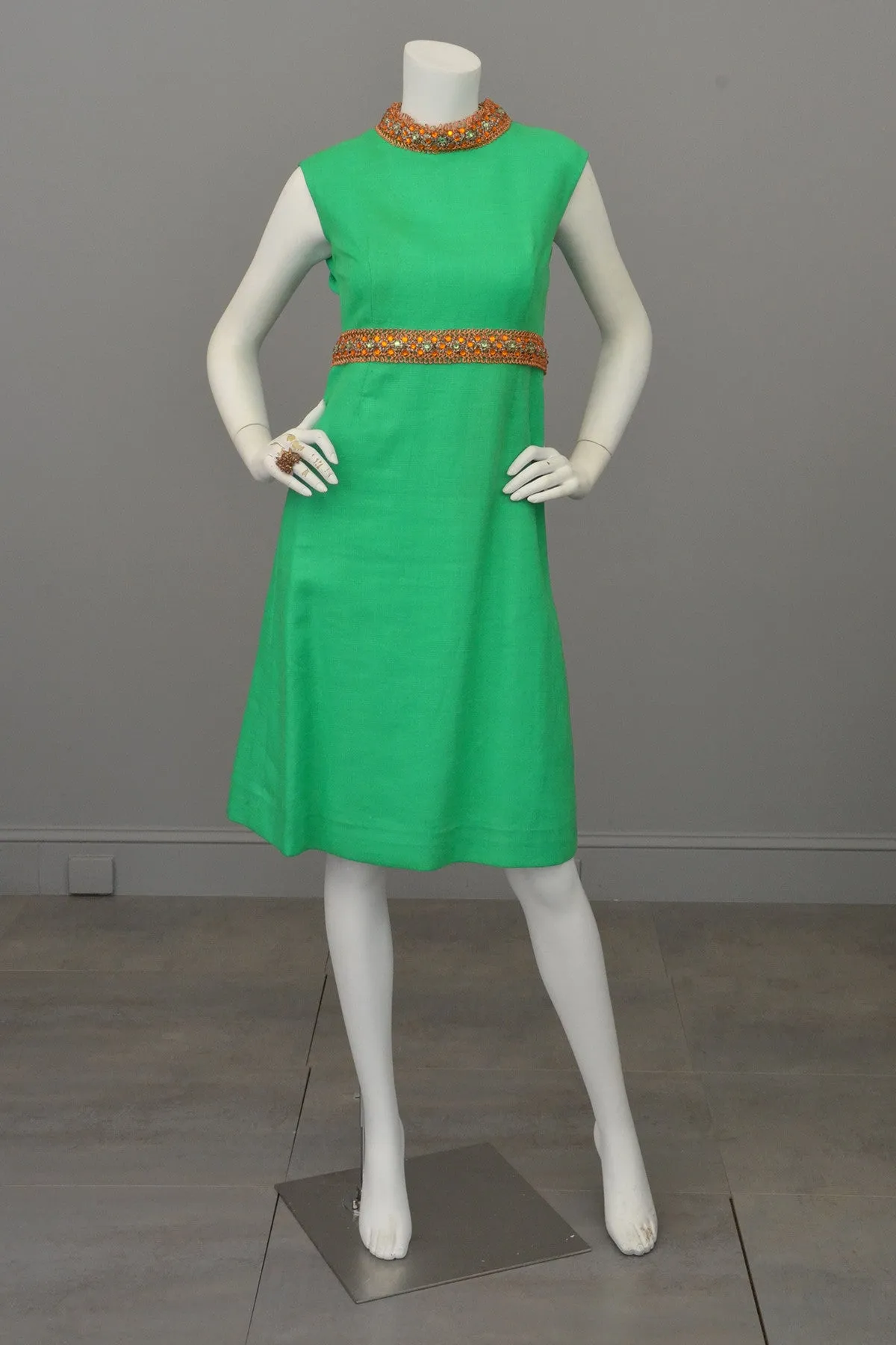 Kelly Green and Copper 70s vintage midi dress